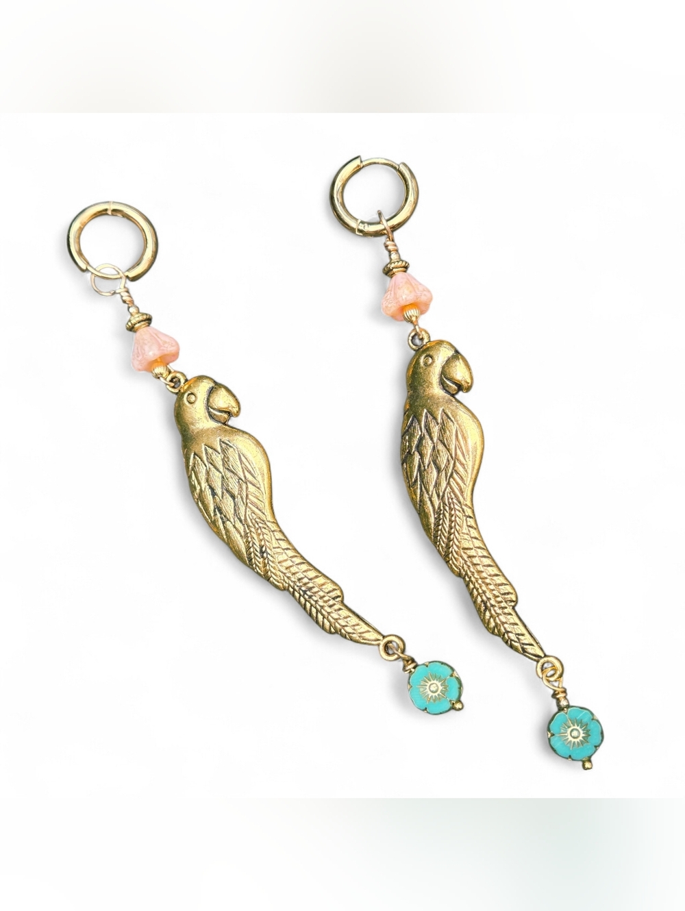 Farm Rio Style Parrot Bird Long Dangle Gold Earrings Handmade Tropical Flower